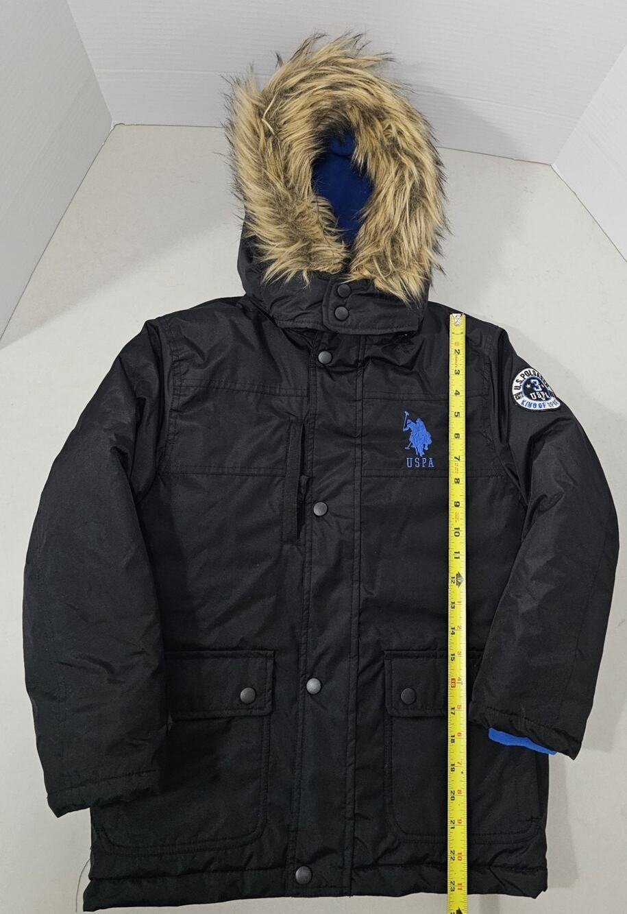 U.S. Polo Assn Boys Size 8 Black Blue Hooded Winter Parka Jacket Faux Fur Coat
